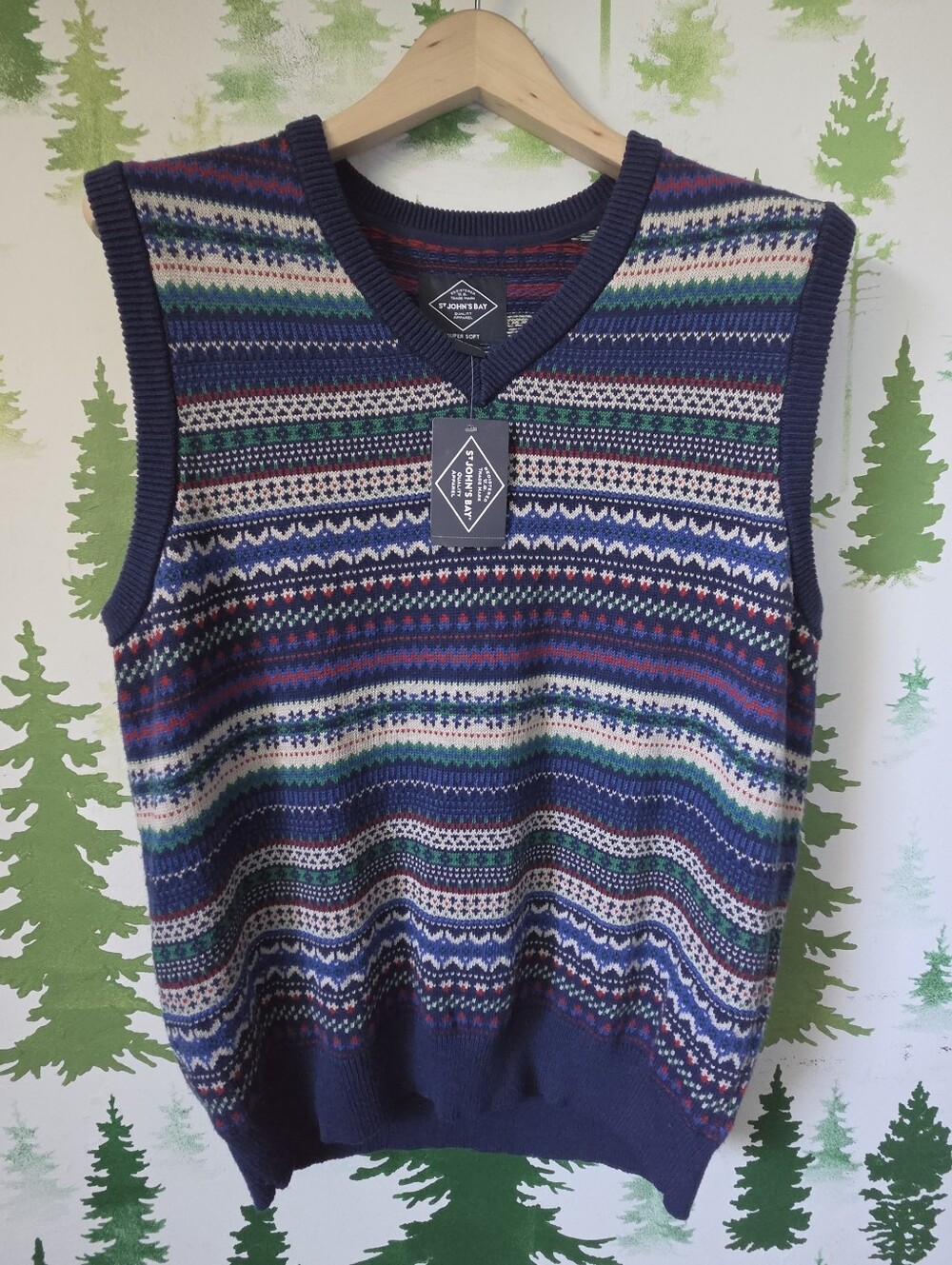 St. John's Bay Navy Fairisle V-Neck Sweater Vest - Picture 1 of 8